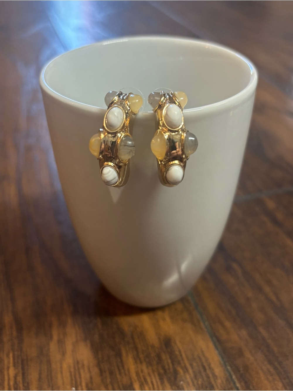Gold Hoop Earrings with White and Cream Gemstones women’s fashion jewelry